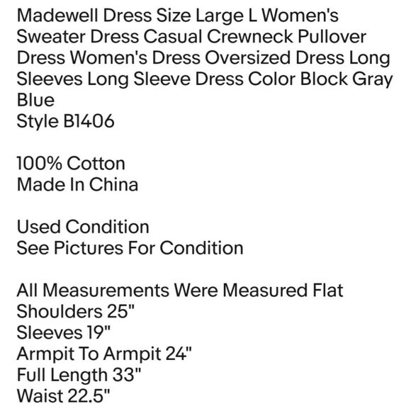 Madewell Dress Size Large L Women's Sweater Dress Casual Crewneck Pullover Dress - Picture 2 of 5
